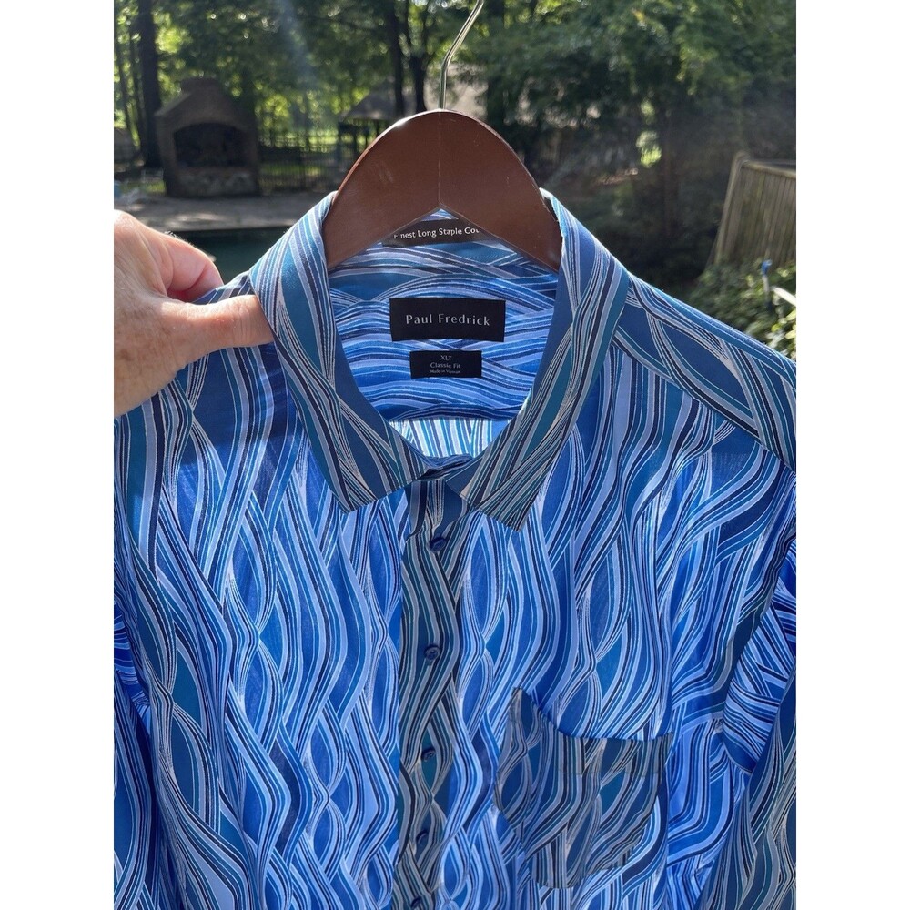 Paul Fredrick Shirt Blue Abstract Wavy Psychedelic Vertical Stripes Mens XLT
